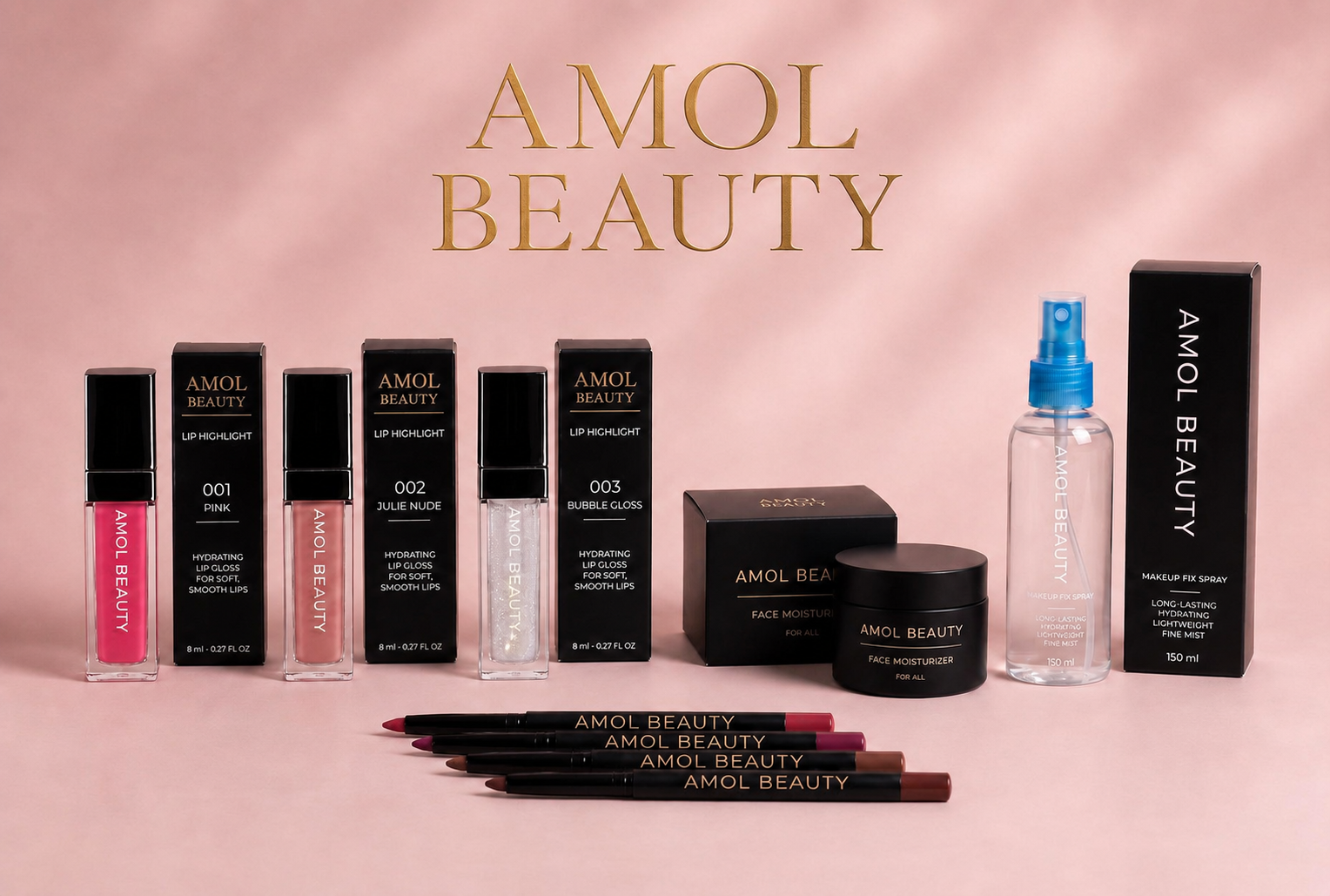 AMOL BEAUTY full product lineup including lip glosses, face moisturizer, makeup fix spray, and lip liners on a blush pink backdrop