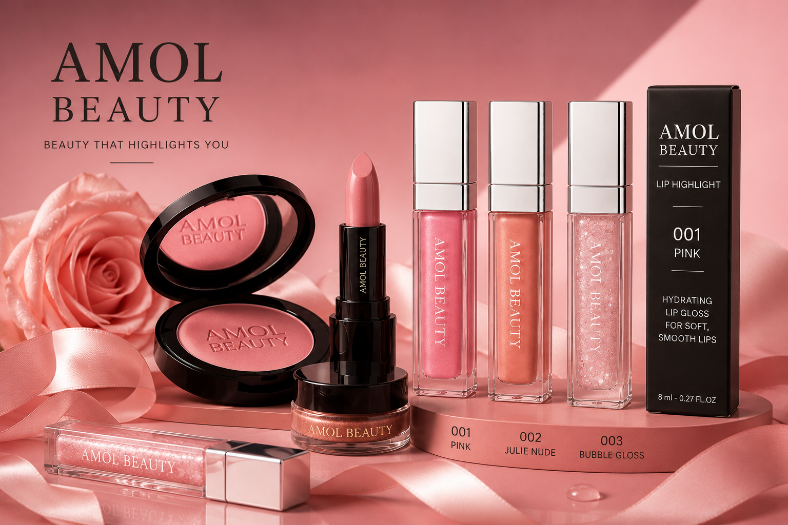 AMOL BEAUTY lip gloss, blush, and lipstick collection on a pink rose backdrop